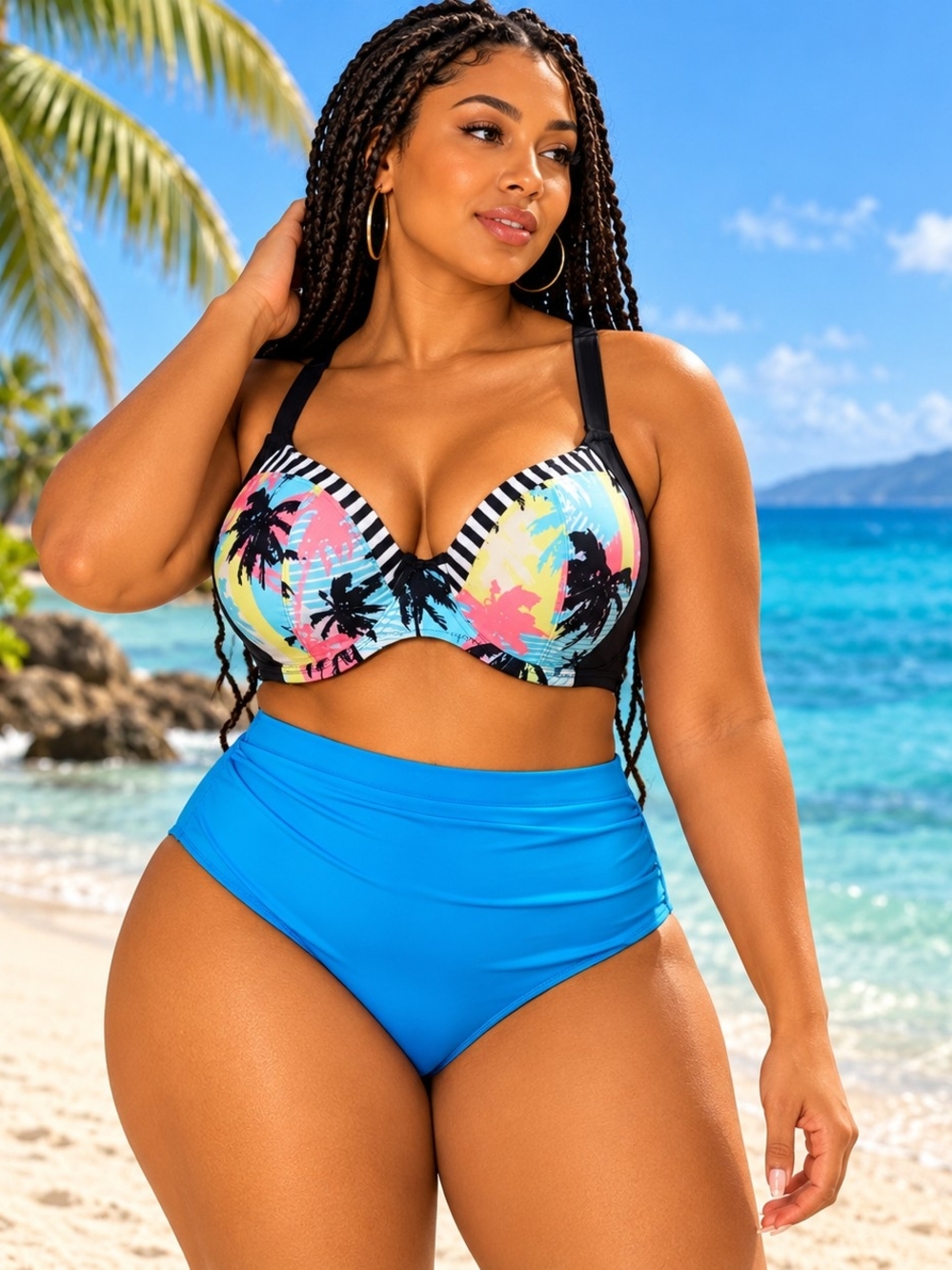 Elomi Multicolor Palm-Print Bikini Top with Bright Blue High-Waist Bottom